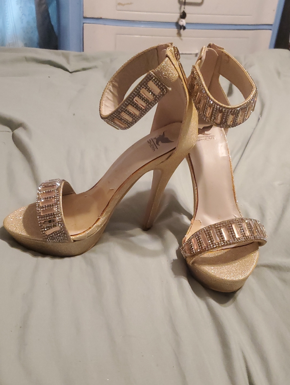 Gold Sparkle Heels With Rhinestones And Ankle Straps New.
